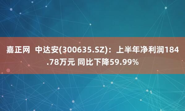 嘉正网  中达安(300635.SZ)：上半年净利润184.78万元 同比下降59.99%